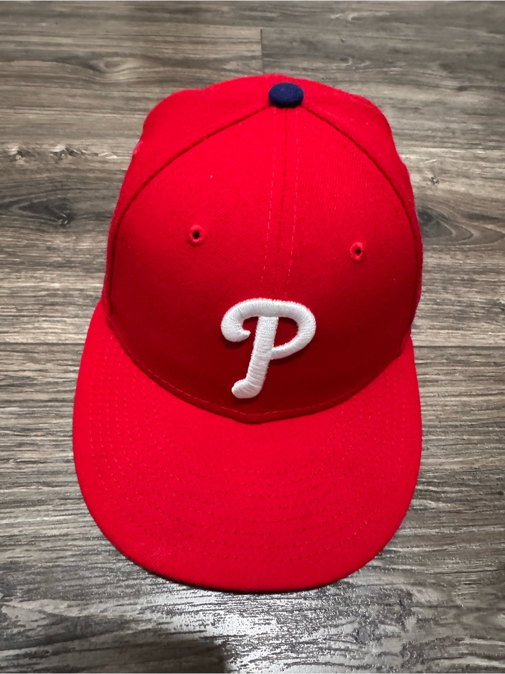 New Era Kids Red Baseball Cap with White 'P' and Navy Top Button